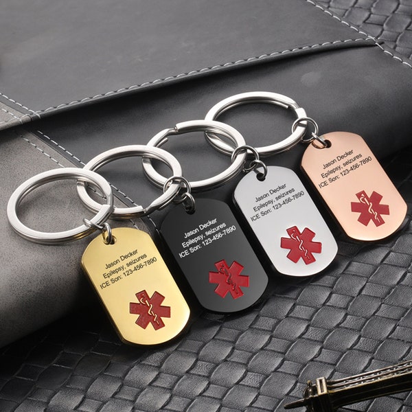 Personalized Medical Alert Keychain for Men and Women,4 Colors,Medical ID Tag,Custom Emergency Alert ID,Engraved ICE Keyring,Patient Gifts