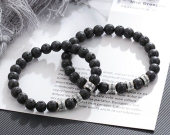Bracelet de perles personnalisé pour homme, bracelet personnalisé avec nom d'enfant, bracelet de perles de pierre de lave, cadeaux pour papa, mari et fils, cadeau de fête des pères