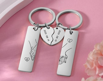 Custom Couple Keychain Set,Personalized 2 Pcs Heart Matching Couple Keyring,Anniversary Gift for Him,New House Gifts,Christmas Gifts for Him