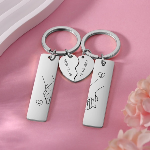 Custom Couple Keychain Set,Personalized 2 Pcs Heart Matching Couple Keyring,Anniversary Gift for Him,New House Gifts,Christmas Gifts for Him