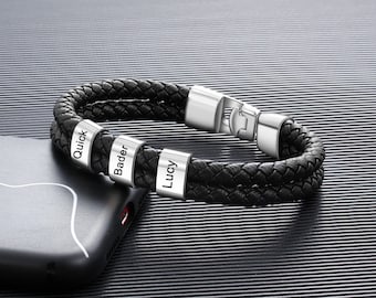 Bracelet en cuir personnalisé pour homme avec 1-8 noms, bracelet en cuir avec perles pour nom d'enfant, bijoux pour homme, cadeau fête des pères, cadeaux personnalisés pour lui