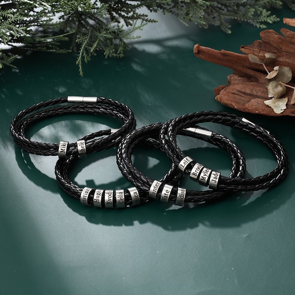 Bracelet en cuir tressé personnalisé pour homme, bracelet personnalisé avec noms d'enfants de 1 à 5 ans, bracelet pour papa, bijoux pour homme, cadeau de fête des pères, cadeaux pour lui