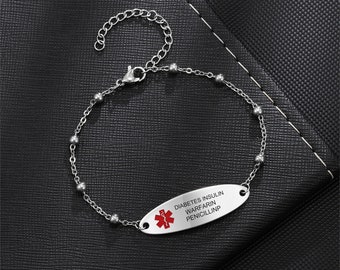 Bracelet médical personnalisé pour femme, bijoux médicaux minimalistes, identifiant d'alerte d'urgence gravé, cadeau pour les patients, bracelet pour le diabète