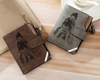 Cartera personalizada para hombre con ranura para tarjeta de identificación, cartera con foto y texto grabada, cartera-regalos escritos a mano para él, regalo para papá, marido, regalo de aniversario