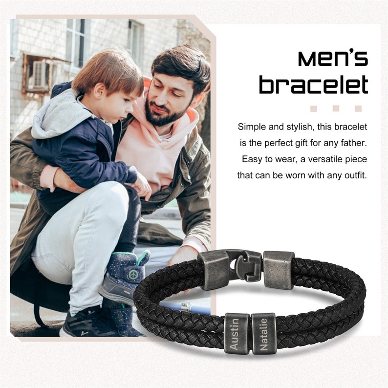 Custom Mens Leather Bracelet with 1-5 Names,Personalized Engraved Bead Name Bracelet,Kids Family Names Bracelet for Dad,Father's Day Gift zdjęcie 4