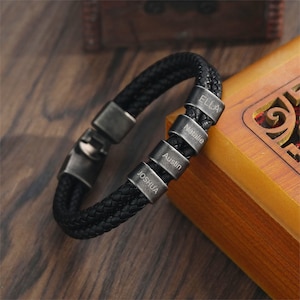 Bracelet en cuir pour homme personnalisé avec 1 à 5 noms, bracelet personnalisé avec nom de perles gravées, bracelet noms de famille pour enfants pour papa, cadeau pour la fête des pères