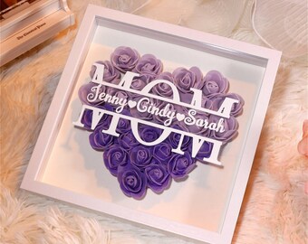 Caja de sombras de flores de corazón de mamá personalizada, caja de sombras de marco de rosa personalizada, regalo de decoración para ella, regalo del día de la madre, regalos para la abuela