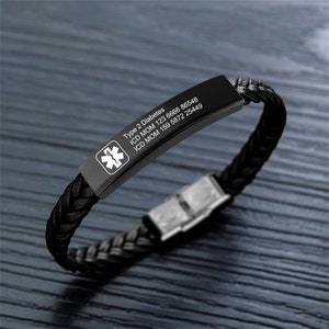 Personalized Men Medical Bracelet,PU Leather Bracelet,Engraved Alert ID Bracelet,Emergency Medical Bracelet,Gift for Dad,Gift for Patients