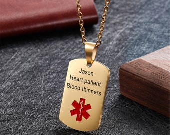 Custom Men's Medical Alert Necklace,Engraved Medical Information and Emergency ID,Gift for Epilepsy,Diabetes,Heart Disease,Allergy Patients