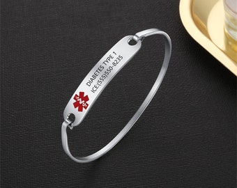 Bracelet médical personnalisé pour homme et femme, bracelet d'identification d'alerte d'urgence en acier inoxydable, bijoux médicaux minimalistes, bracelet pour le diabète