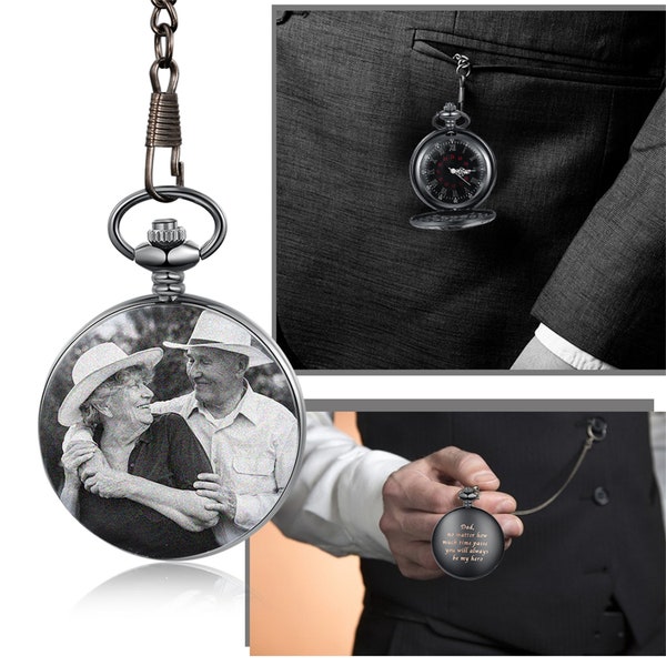 Reloj de bolsillo personalizado con foto personalizada con cadena, reloj de bolsillo con imagen grabada para hombres, regalos de memoria para él, regalos para papá, regalos de Navidad