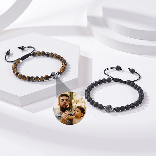 Personalized Lava Stone Projection Bracelet for Men,Photo Hidden Bracelet,Memorial Bracelet,Bracelet for Dad,for Husband,Father's Day Gift
