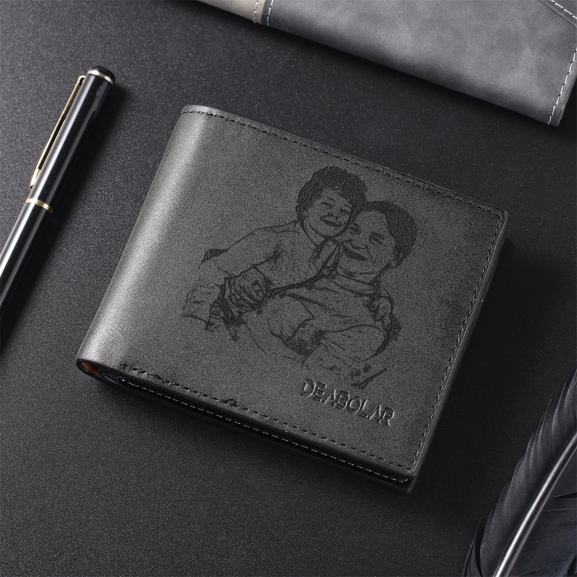 Discover Personalized Mens Premium Leather Wallet, Photo Wallet with Engraved Text