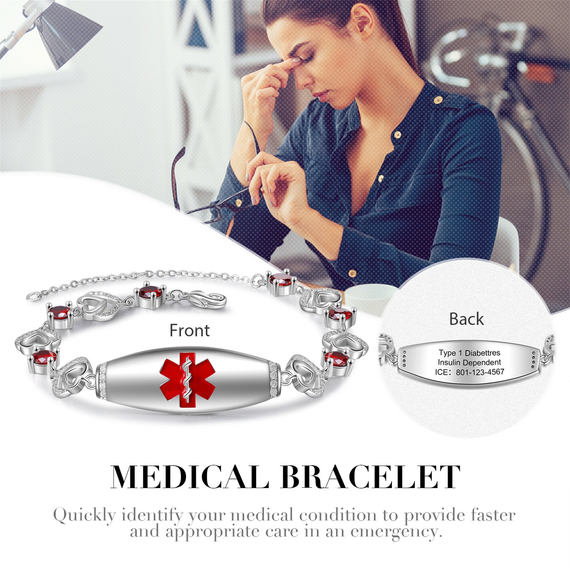 Custom Women's Medical Bracelet, Medical Jewelry, Gemstone Bracelet, Engraved Medical Alert ID, Allergy Bracelet, Gift for Her