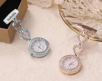 Reloj de bolsillo personalizado con nombre de enfermera con diamante, reloj fob de enfermera grabado, reloj de bolsillo de enfermera con pasador de solapa, regalo de graduación para enfermeras