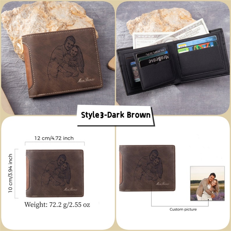 Personalized Mens Wallet,Custom Engraved Photo PU Leather Wallet,Memory Gift for Dad,Anniversary Gift for Boyfriend,Christmas Gifts for Him Style3-dark brown