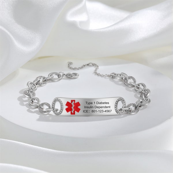 Custom Women Medical Alert Bracelet,Front and Back Custom,Alert ID Bracelet with Diamond,Patient Bracelet,Emergency Bracelet,Medical Jewelry