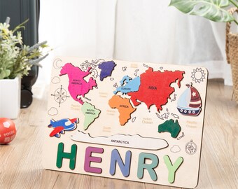 World Map Puzzle for Kids,Wooden Puzzle,Customizable Name Puzzle,Montessori-inspired Educational Toy,Numbers Puzzle,Animal Puzzle,Kids Gift