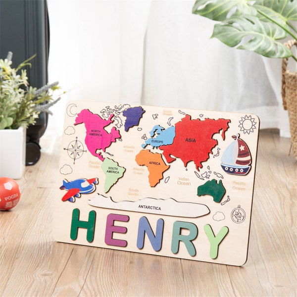 World Map Puzzle for Kids,Wooden Puzzle,Customizable Name Puzzle,Montessori-inspired Educational Toy,Numbers Puzzle,Animal Puzzle,Kids Gift
