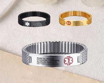 Bracelet médical personnalisé pour homme, bracelet d'identification d'alerte médicale extensible, bracelet SOS d'urgence, cadeau pour les patients atteints d'épilepsie, de diabète et de démence