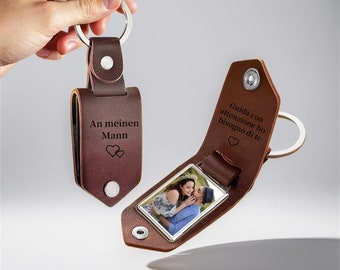 Portachiavi in pelle da uomo personalizzati, portachiavi con etichetta in metallo con foto, portachiavi inciso, portachiavi con foto di famiglia per il marito, regalo per la festa del papà