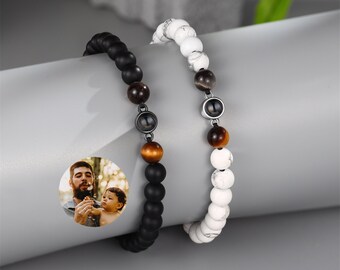 Custom Natural Stone Mens Photo Bracelet,Beaded Bracelet,Women Projection Bracelet,Picture Inside Memory Bracelet,Gifts for Dad,Gift for Mom