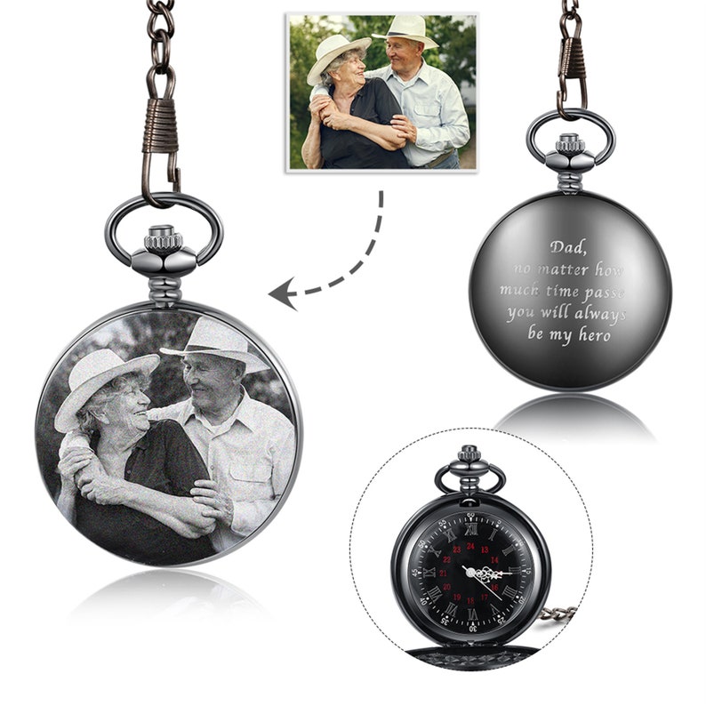 Personalized Custom Photo Pocket Watch with Chain,Engraved Picture Pocket Watch for Men,Memory Gifts for Him,Gifts for Dad,Christmas Gifts image 2