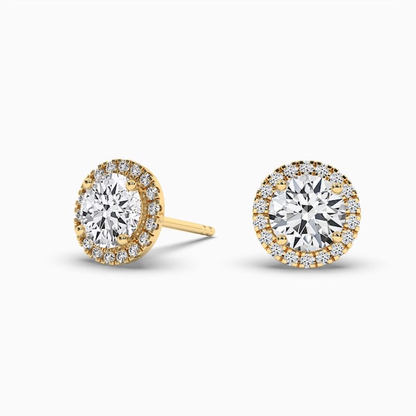 Classic 14k, 18k Solid Gold  Round Cut Lab-grown Diamond Halo Stud Earrings For Women/ Lab Made Round-Cut Moissanite Halo Earrings