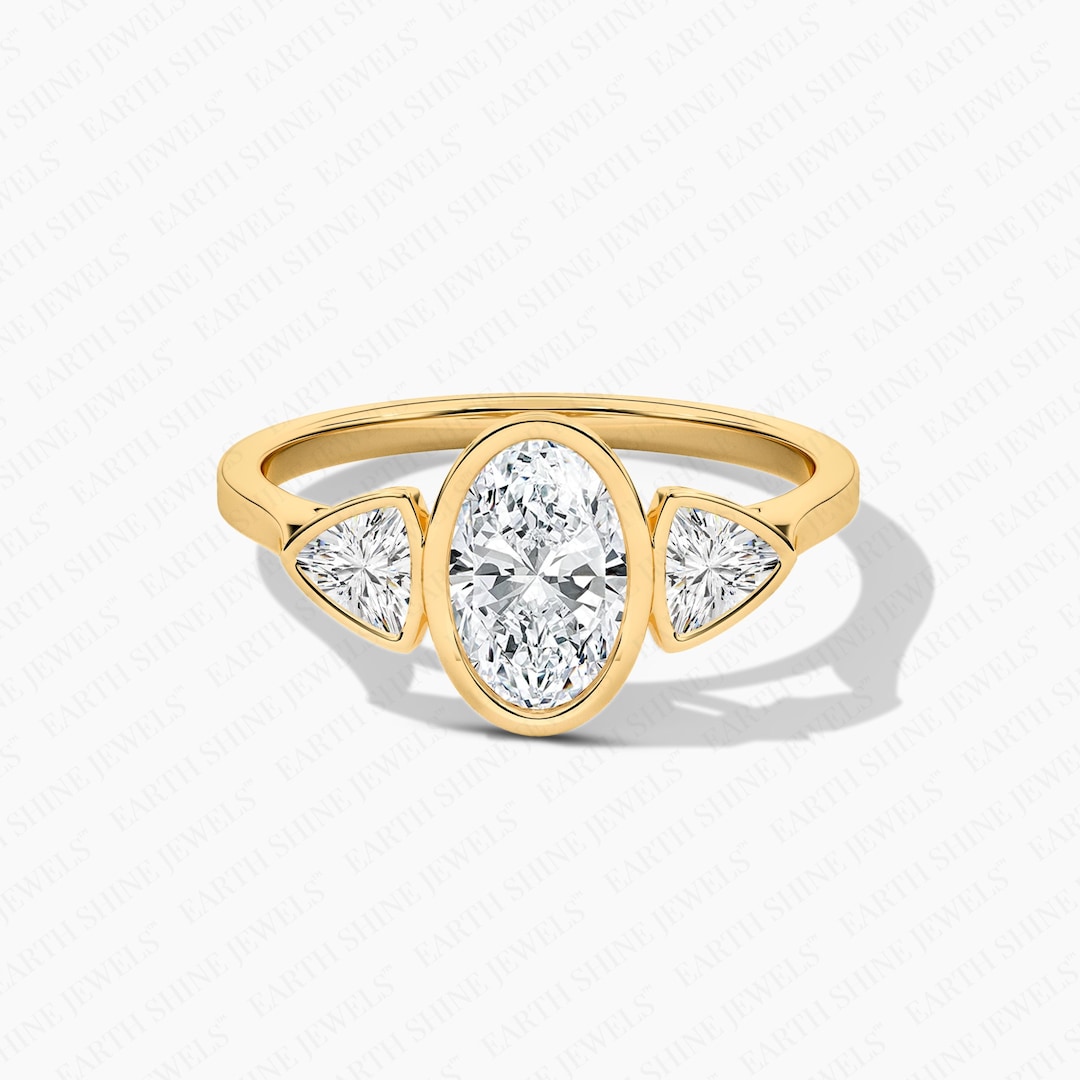 Trillian Rings Oval & Trillian Cut Bezel Three Stone Moissanite Diamond Engagement ...