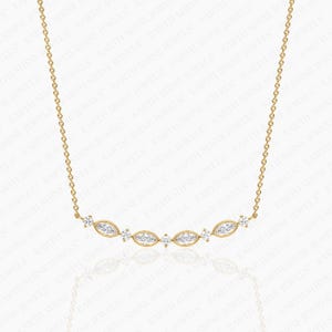 Marquise und runde Diamant Bar Halskette / 14k Solid Gold Diamant Halskette / Art Deco Halskette / Gelbgold / Curved Bar Halskette