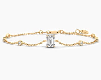 1 Ct Emerald Cut Lab-grown Diamond By the Yard Bracelet, 14k, 18k Gold Moissanite Bracelet, Dainty Diamond Station Bracelet  for Women