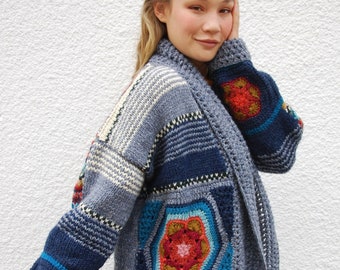 Amano Bohemian Flower Crochet Wrap Cardigan Hand Knitted in Ecuador 100% Soft Peruvian Sheepswool