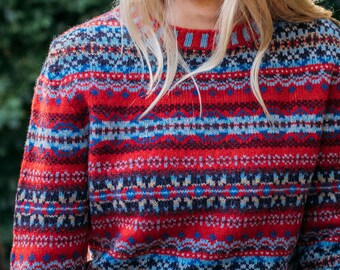 Fairisle Westray Sweater by Eribe in Poppy Colour 100% Shetland Wool