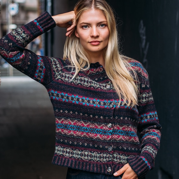 Fairisle Westray Cardigan by Eribe in Rubyglow Colour 100% Shetland Wool