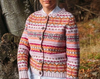 Fairisle Westray Cardigan by Eribe in Orange Burst Colour 100% Shetland Wool