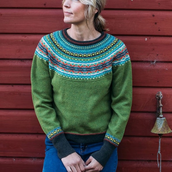 Alpine Short Sweater by Eribe in Moss 100% Lambswool Fairisle Short Cropped Jumper