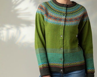 Alpine Cardigan by Eribe in Moss 96% Lambswool with Angora Fairisle