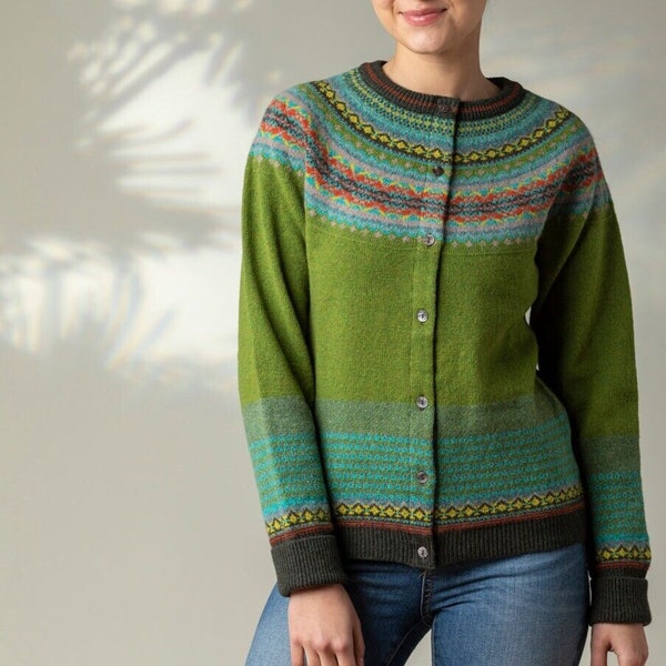 Alpine Cardigan by Eribe in Moss 96% Lambswool with Angora Fairisle