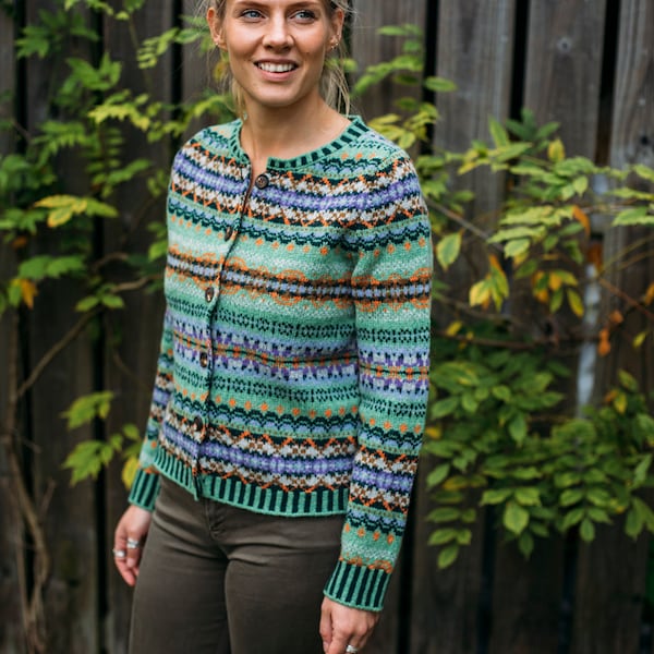 Fairisle Westray Cardigan by Eribe in Meadow Colour 100% Shetland Wool