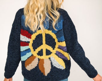 Amano CND Sunflower Jacket Cardigan in Washed Denim Hand Knitted in Ecuador 100% Soft Peruvian Sheepswool