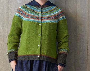 Alpine Cardigan by Eribe in Moss 100% Lambswool Fairisle Short Cropped