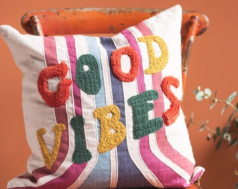 Artisan Good Vibes Retro Cushion Cotton Embroidered Tufted 50x50cm Boho Beautiful Ethical