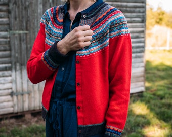 Alpine Cardigan by Eribe in Crabapple 100% Lambswool Fairisle Short Cropped