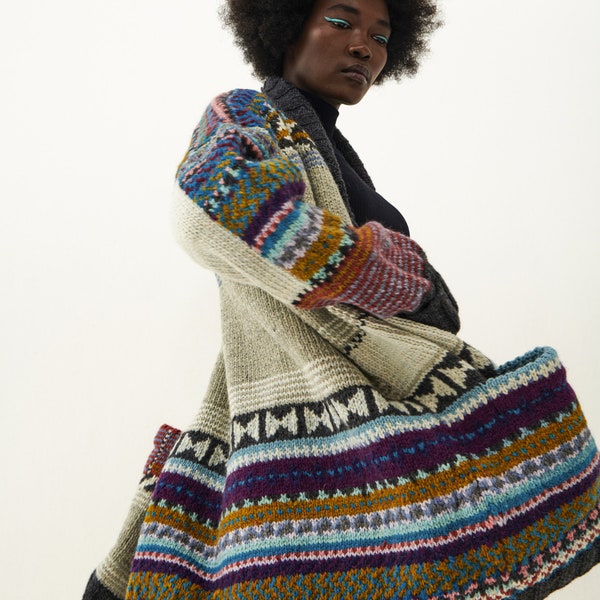 Amano Jude Wrap Cardigan Vintage Bohemian Hand Knitted in Ecuador 100% Soft Peruvian Sheepswool