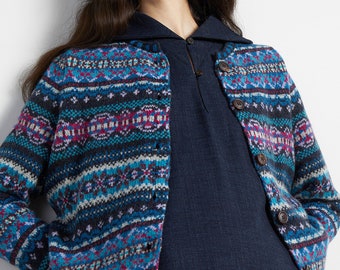 Fairisle Westray Cardigan by Eribe in Midnight Colour 100% Shetland Wool