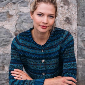 Fairisle Westray Cardigan by Eribe in Jade Colour 100% Shetland Wool
