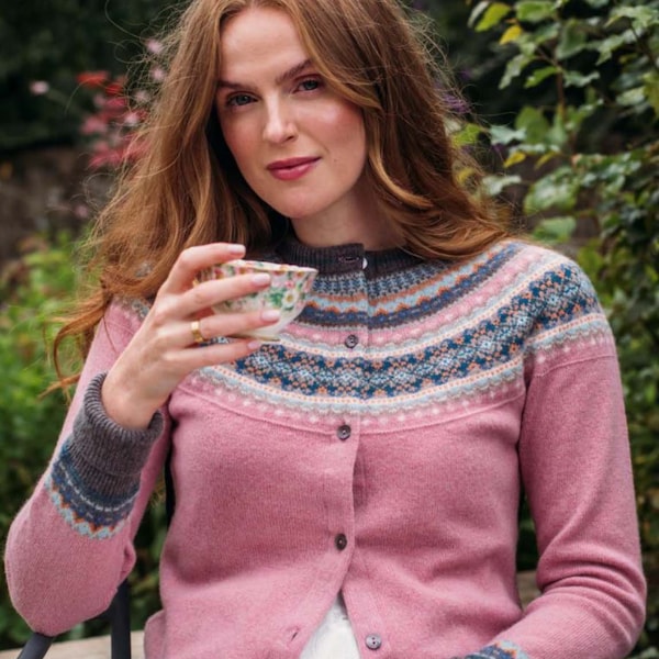 Alpine Cardigan by Eribe in Vintage Pink 100% Lambswool Fairisle Short Cropped