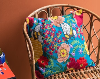 Artisan Embroidered Flowers & Bees Cotton Cushion Hand Embroidered 45x45cm Boho Beautiful Ethical