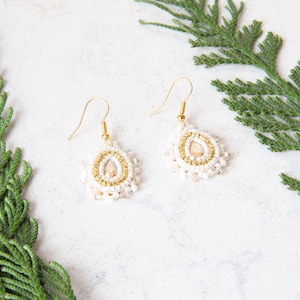 White and Gold Teardrop Indigenous Beaded Earrings- Bridal Earrings