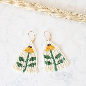 Yellow Indigenous Beaded Floral Fringe Earrings 3" long